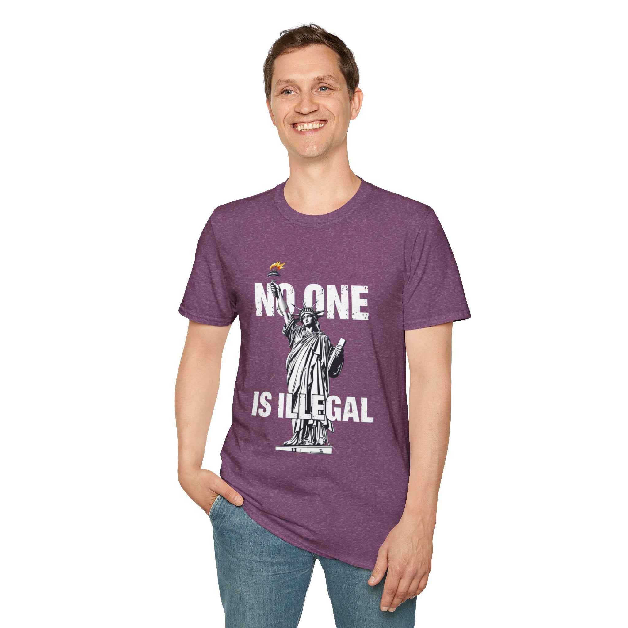 Camiseta unisex de estilo suave: camiseta gráfica con el lema "Nadie es ilegal" para defensores de la justicia social