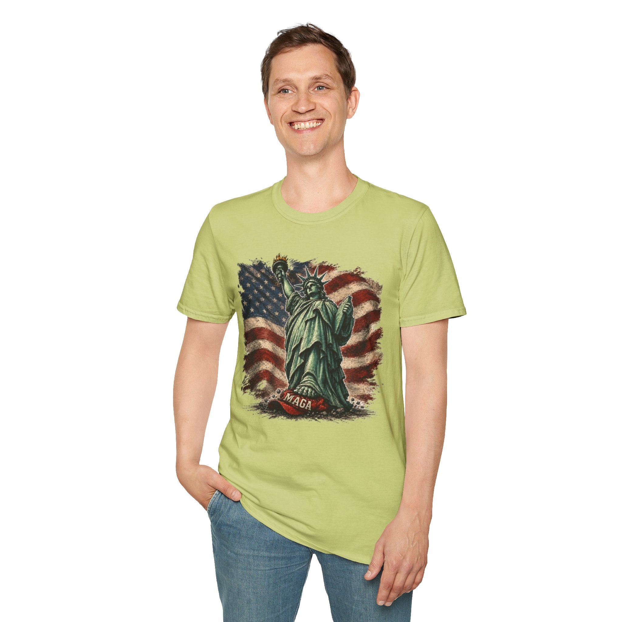 Statue of Liberty Stepping on MAGA American Flag T-Shirt — Patriotic USA Independence Day Tee