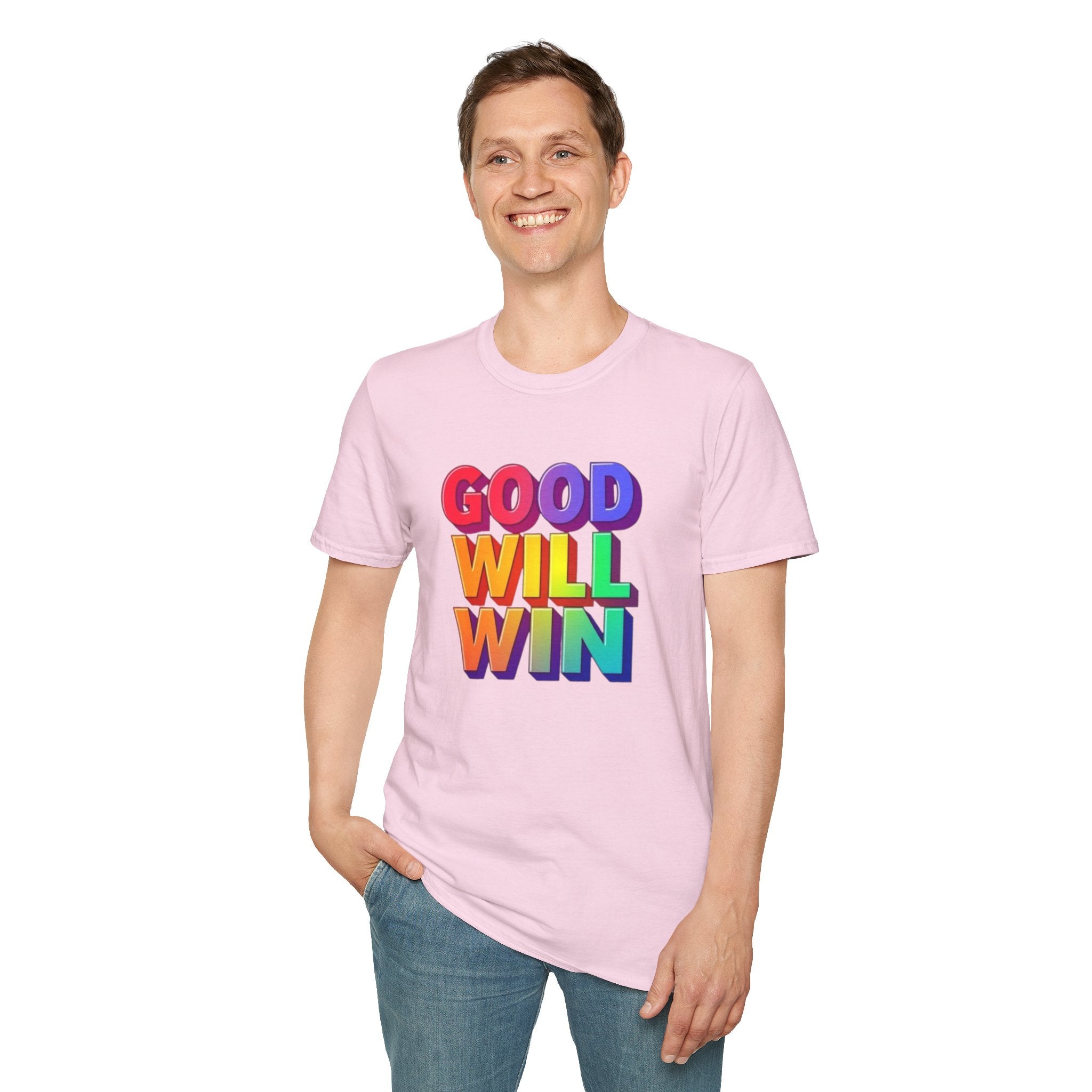 Camiseta unisex de estilo suave con mensaje positivo "Arcoíris, buena voluntad, triunfo"