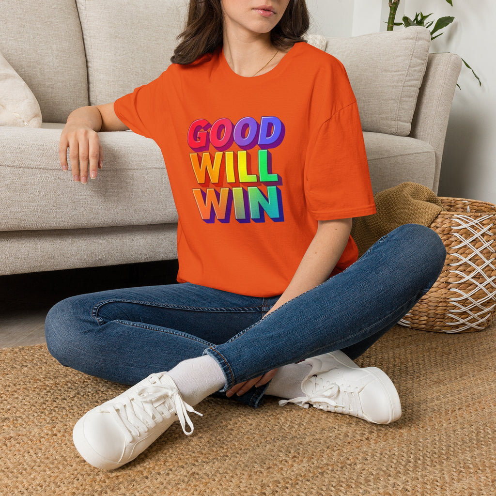 Camiseta unisex de estilo suave con mensaje positivo "Arcoíris, buena voluntad, triunfo"