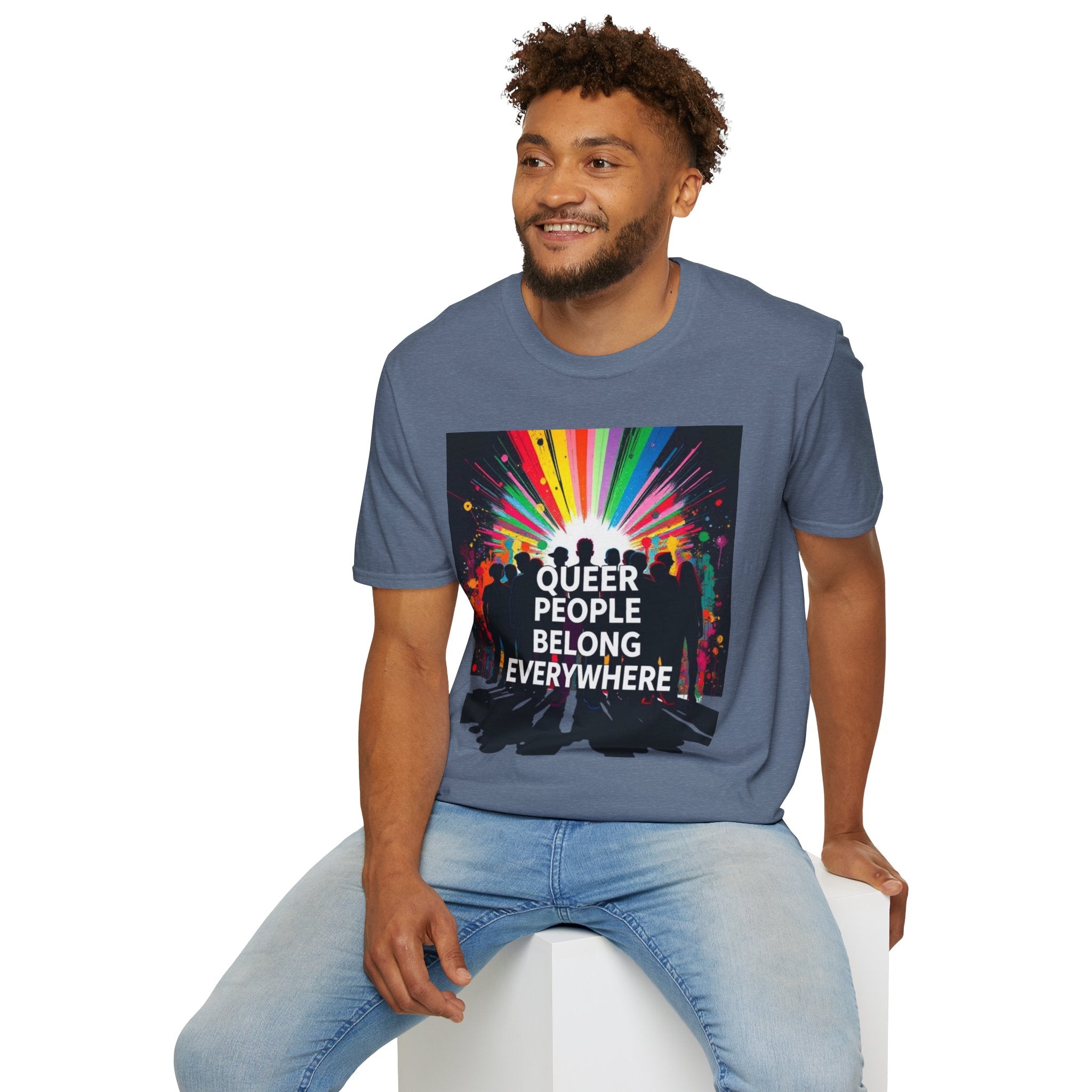 Unisex Softstyle T-Shirt - 'Queer People Belong Everywhere' Pride Graphic Tee