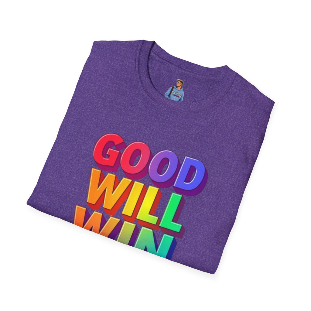 Camiseta unisex de estilo suave con mensaje positivo "Arcoíris, buena voluntad, triunfo"