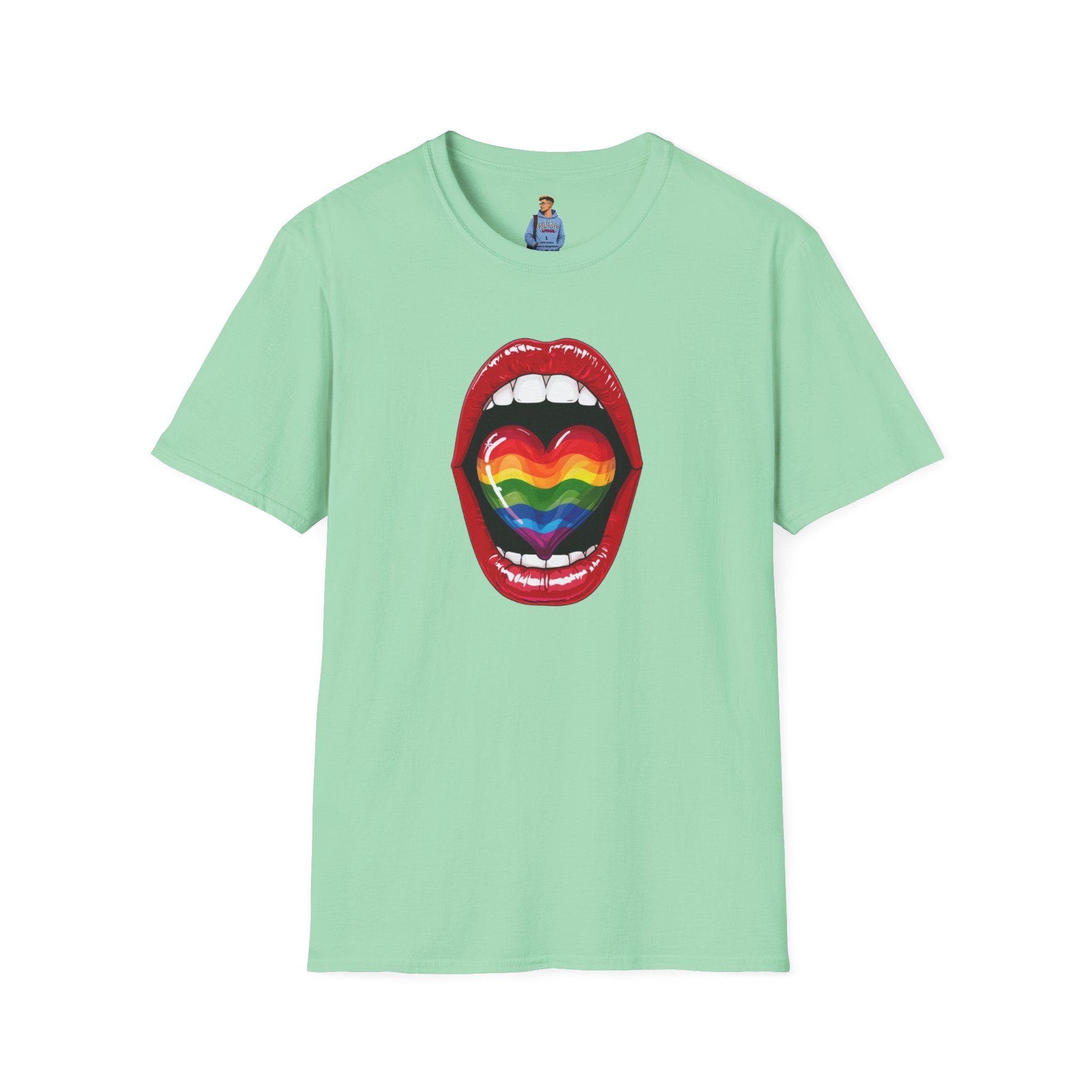 Pride Love Unisex Softstyle T-Shirt | LGBTQ+ Rainbow Heart Design