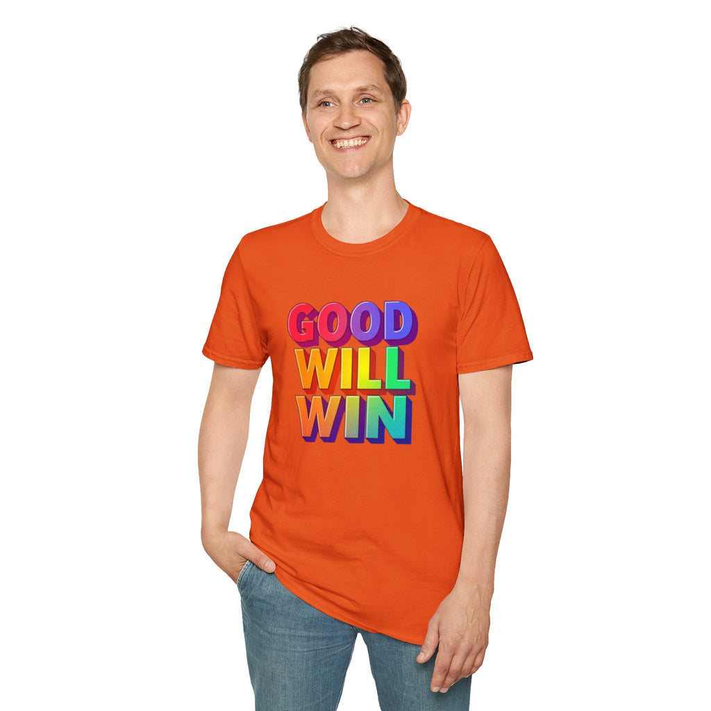 Camiseta unisex de estilo suave con mensaje positivo "Arcoíris, buena voluntad, triunfo"