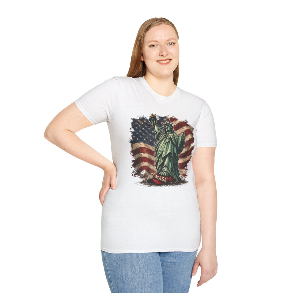 Statue of Liberty Stepping on MAGA American Flag T-Shirt — Patriotic USA Independence Day Tee