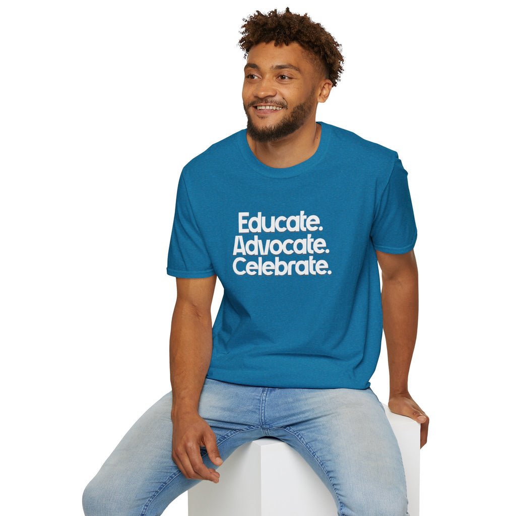Educate. Advocate. Celebrate. Minimalist Pride T-Shirt