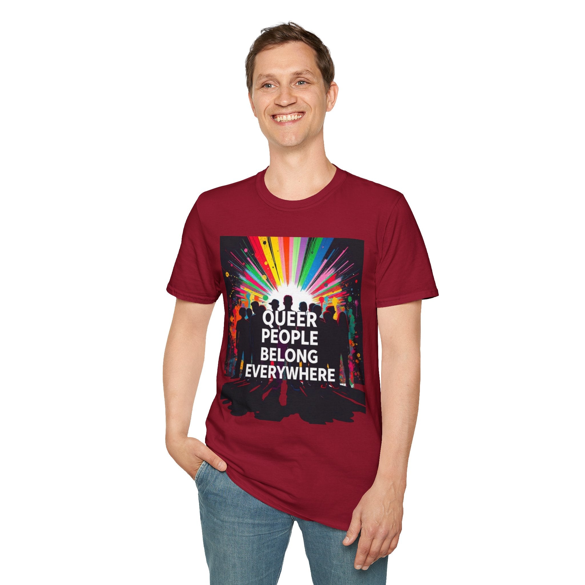 Unisex Softstyle T-Shirt - 'Queer People Belong Everywhere' Pride Graphic Tee