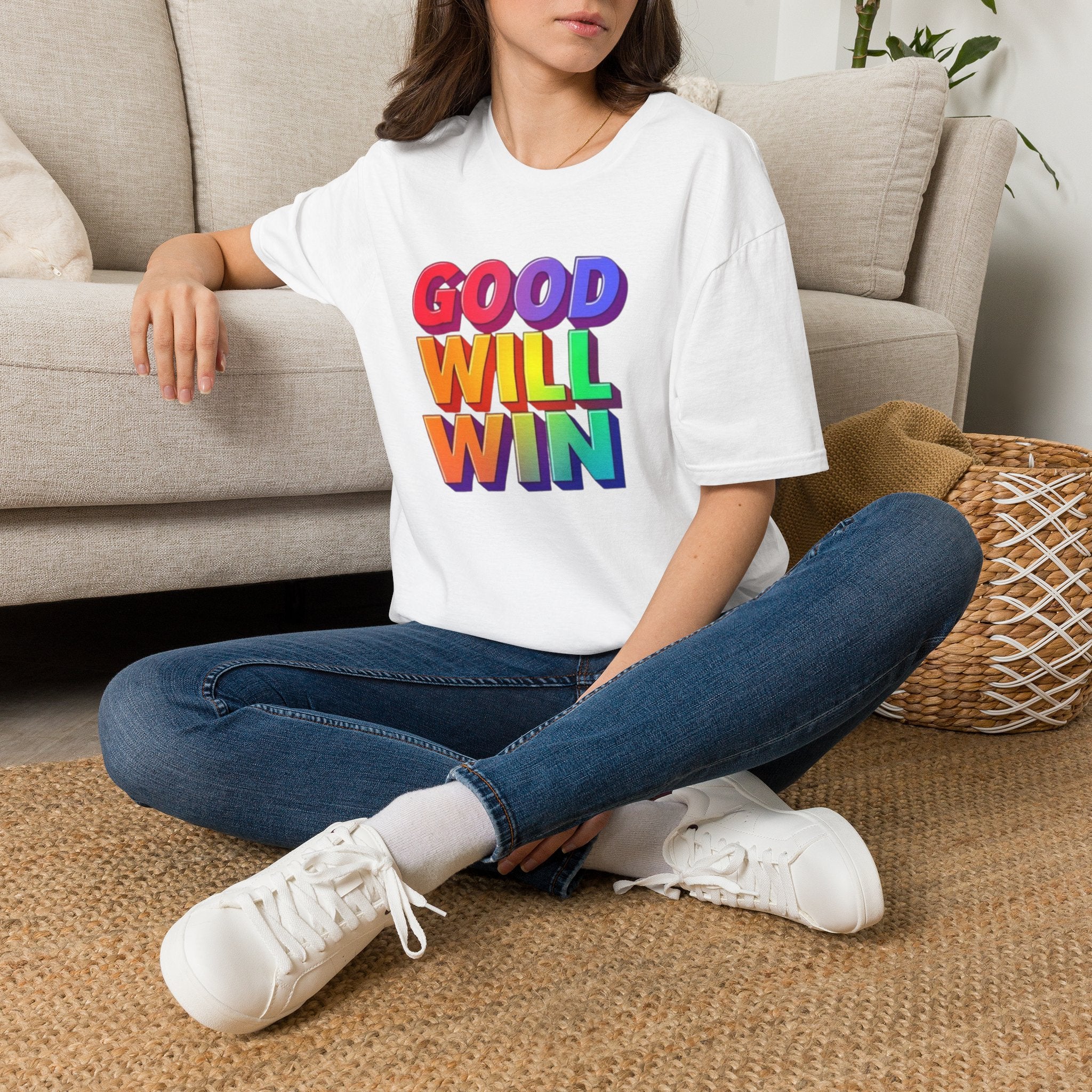 Camiseta unisex de estilo suave con mensaje positivo "Arcoíris, buena voluntad, triunfo"