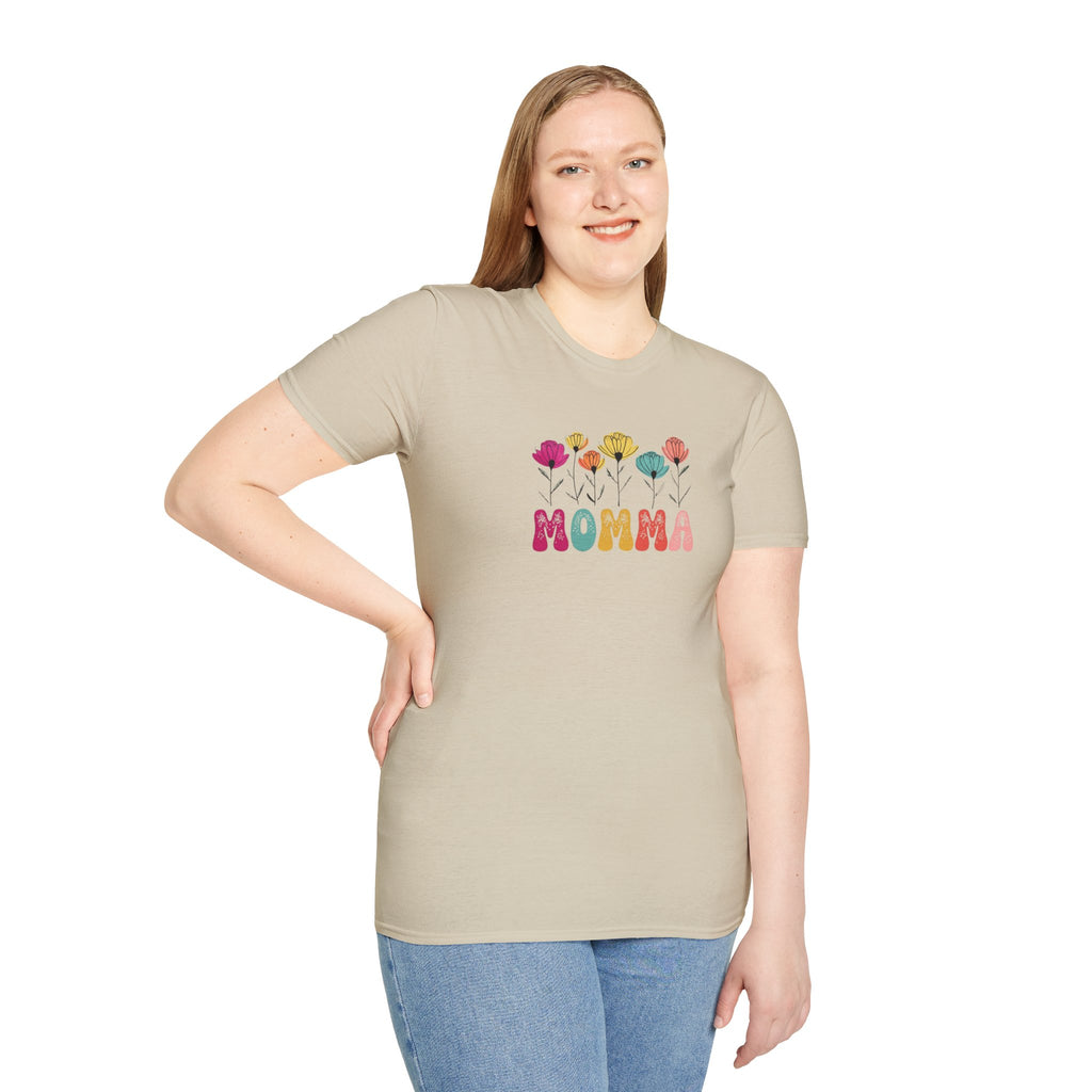 Camiseta unisex de estilo suave con estampado floral 'Momma': perfecta para el Día de la Madre y para usar todos los días