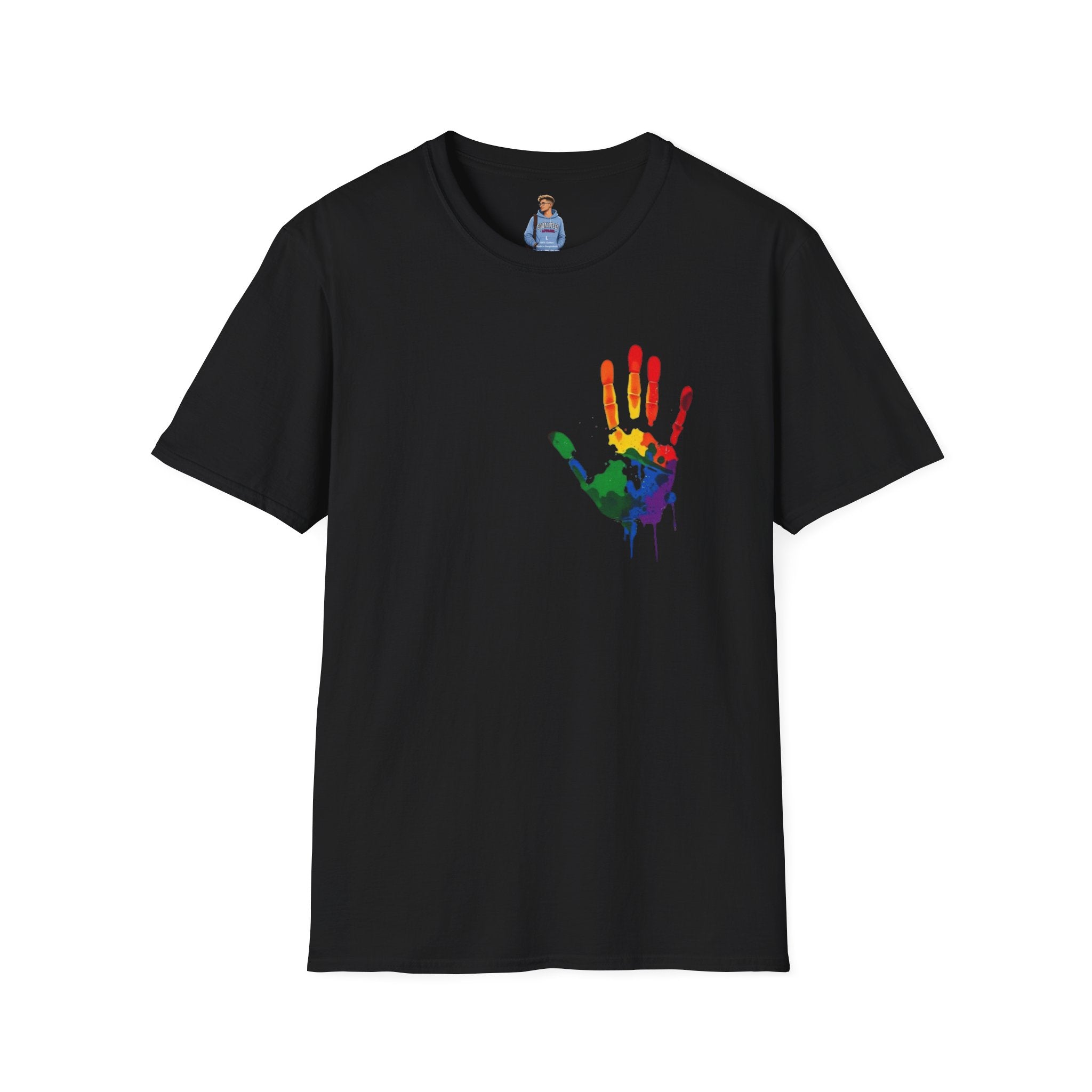 Camiseta unisex de estilo suave con arte inclusivo: «Huella de arcoíris, todos pertenecemos»