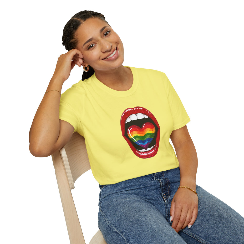 Pride Love Unisex Softstyle T-Shirt | LGBTQ+ Rainbow Heart Design