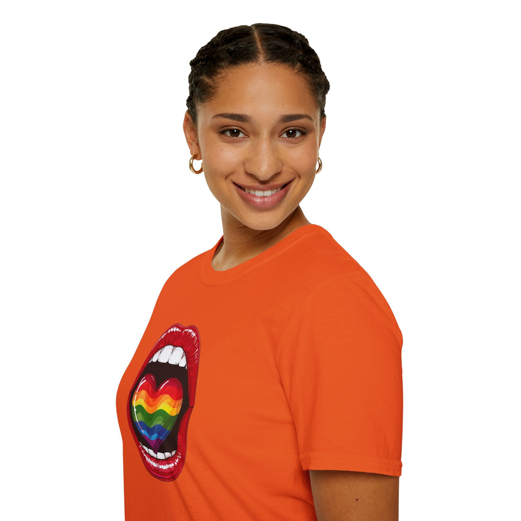 Pride Love Unisex Softstyle T-Shirt | LGBTQ+ Rainbow Heart Design