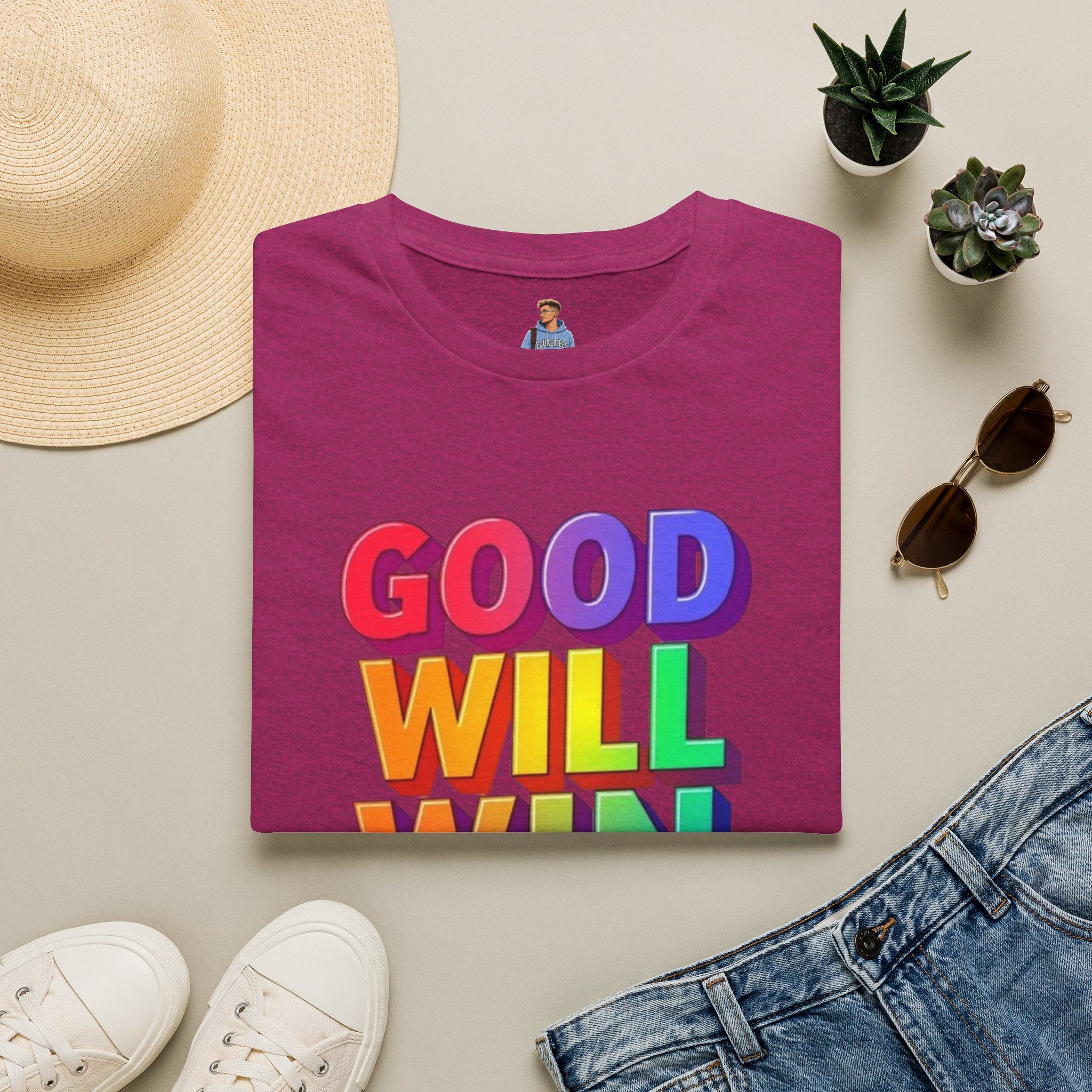 Camiseta unisex de estilo suave con mensaje positivo "Arcoíris, buena voluntad, triunfo"
