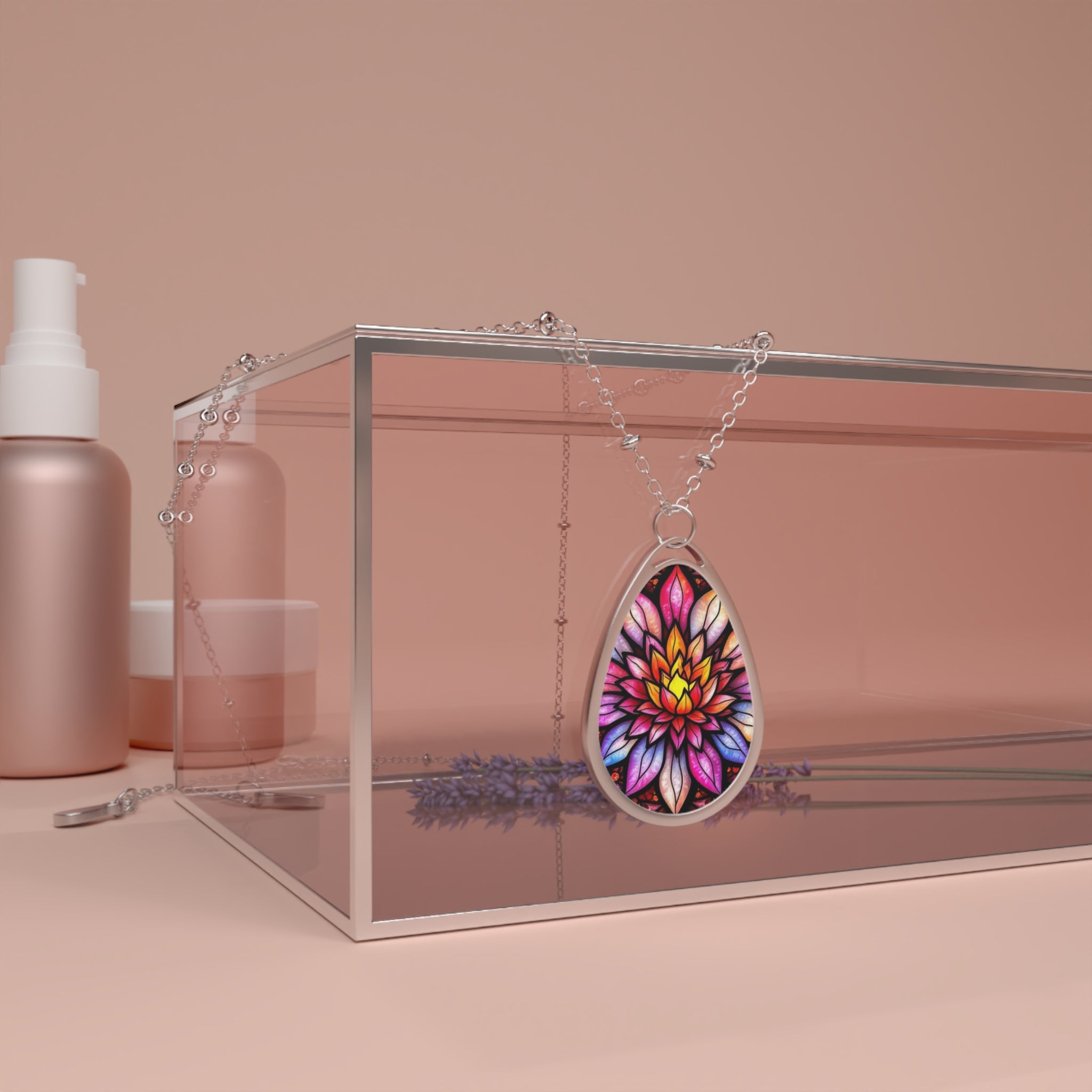 Stained-Glass Water Lily Teardrop Pendant Necklace