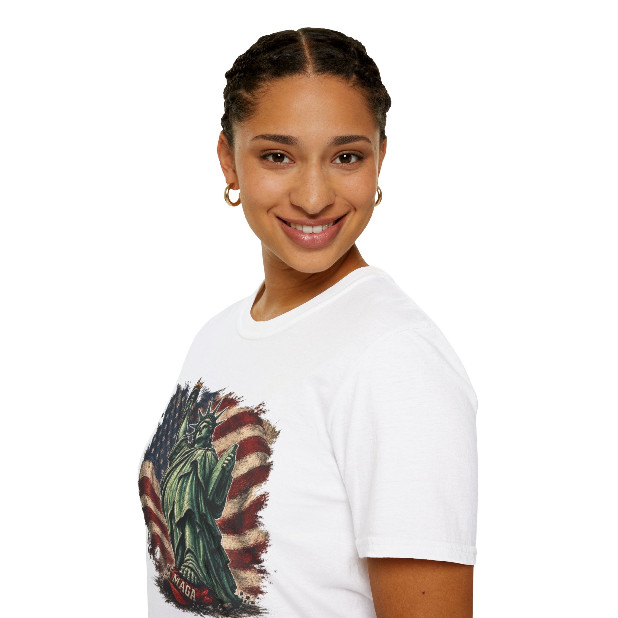 Statue of Liberty Stepping on MAGA American Flag T-Shirt — Patriotic USA Independence Day Tee